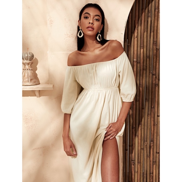 Off Shoulder Beige Boho Dress with Leg Slit - Picture 4 of 10